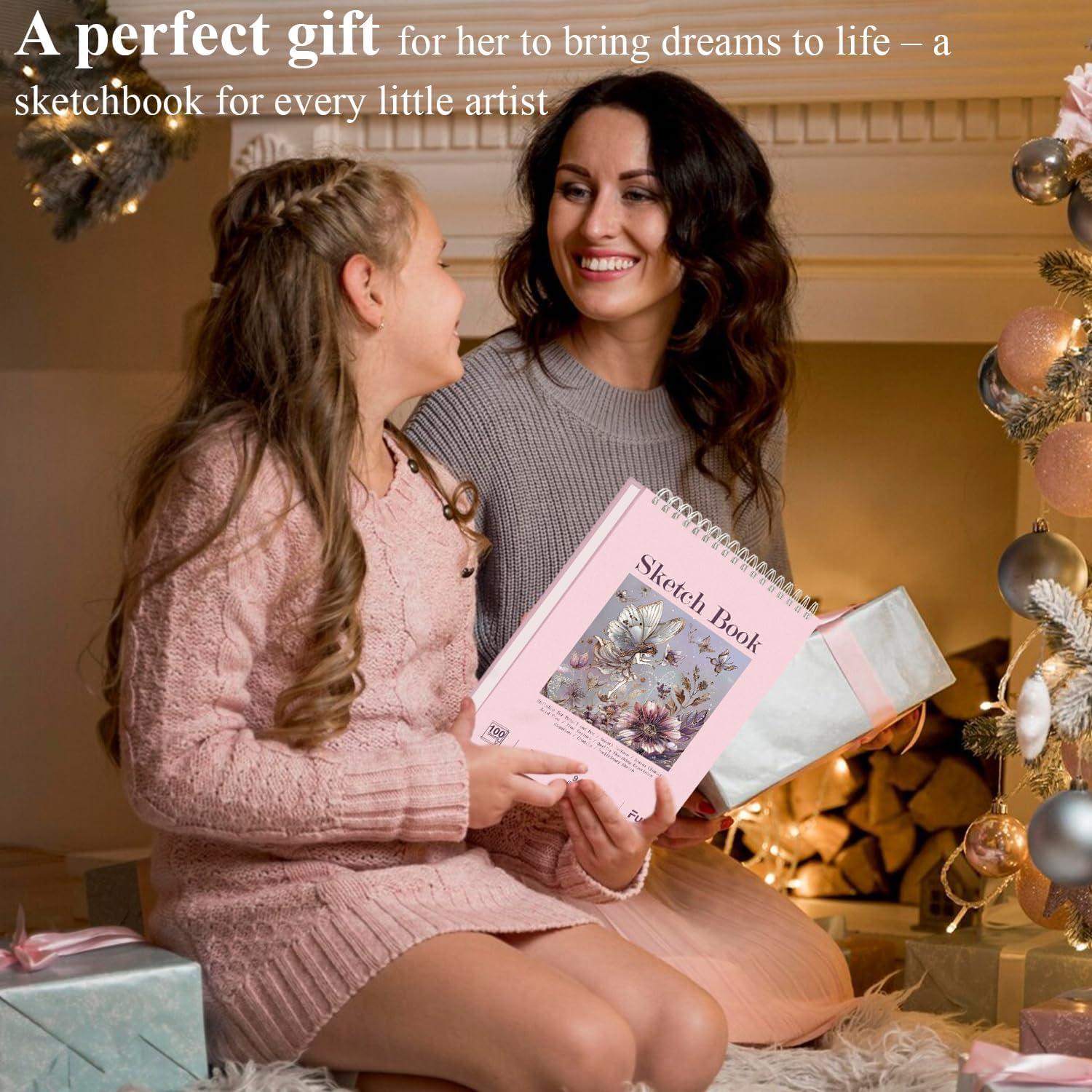 imageFuxi Art Supplies for Kids 912 Stocking Stuffers  Art Set with 60Sheet 73lb120gsm Sketch Book for Kids Ages 812 Jumbo Colored Pencils ampamp Crayons  Ideal Christmas Gifts for GrandkidsPink