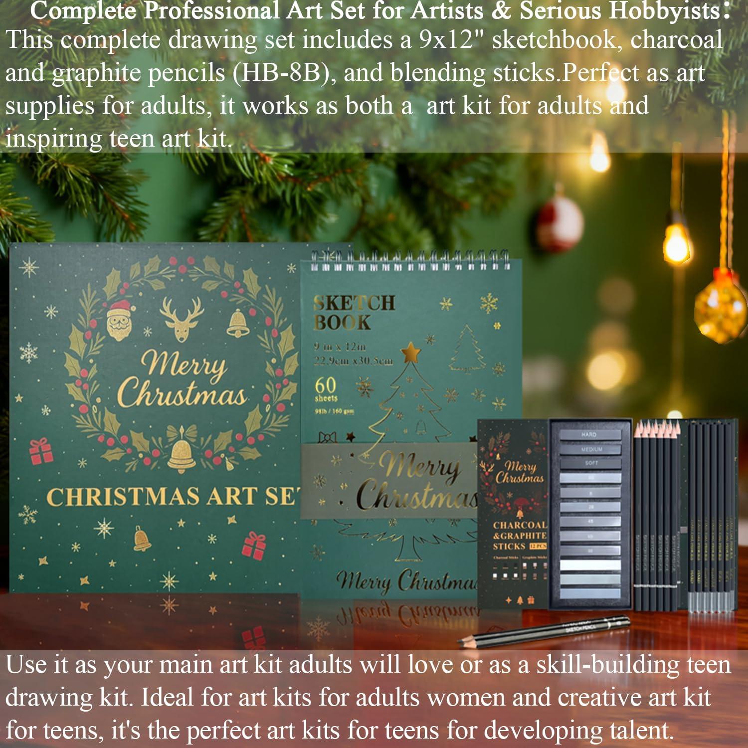 imageFuxi Art Supplies for Kids 912 Stocking Stuffers  Art Set with 60Sheet 73lb120gsm Sketch Book for Kids Ages 812 Jumbo Colored Pencils ampamp Crayons  Ideal Christmas Gifts for GrandkidsChristmas Green