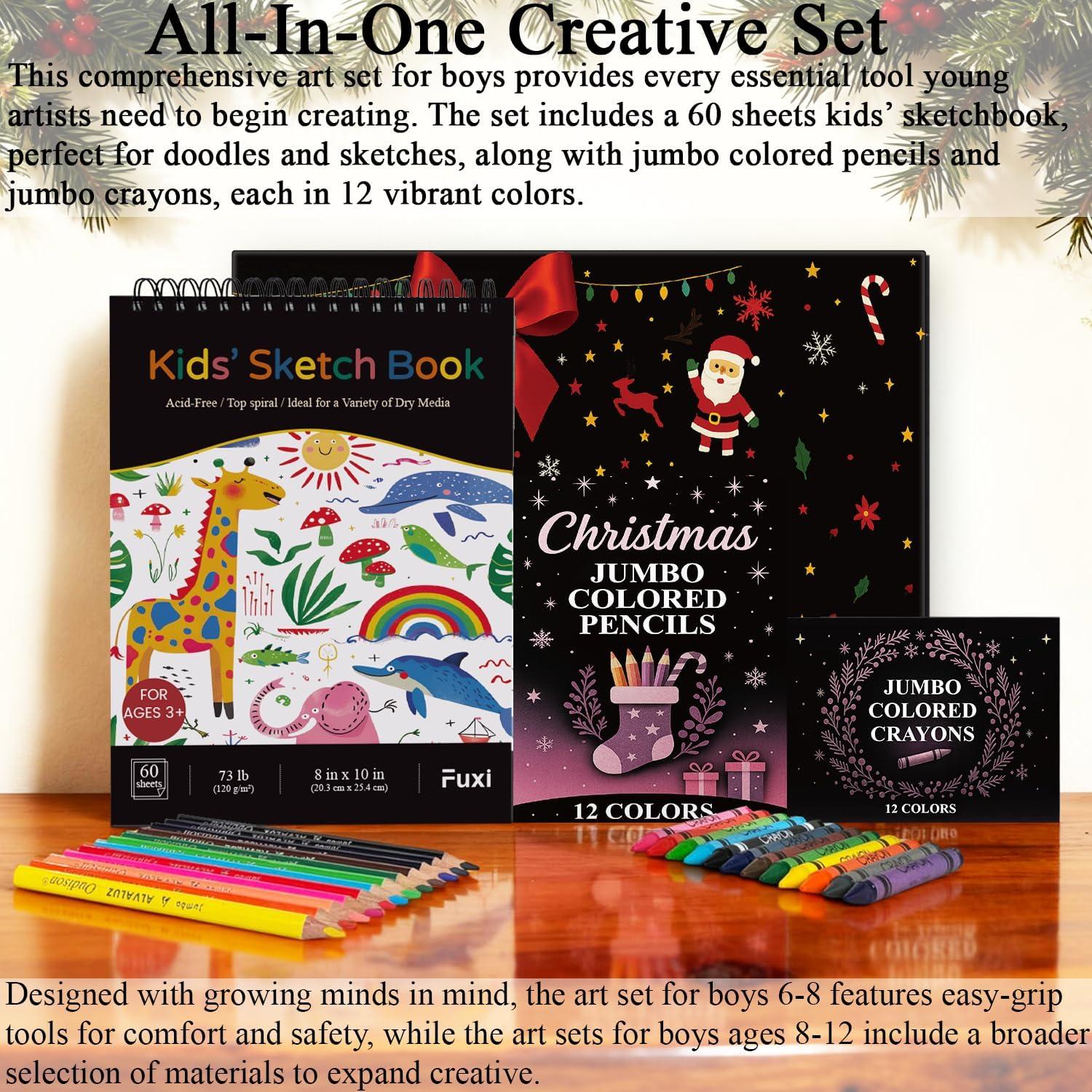 imageFuxi Art Supplies for Kids 912 Stocking Stuffers  Art Set with 60Sheet 73lb120gsm Sketch Book for Kids Ages 812 Jumbo Colored Pencils ampamp Crayons  Ideal Christmas Gifts for GrandkidsSatind Black
