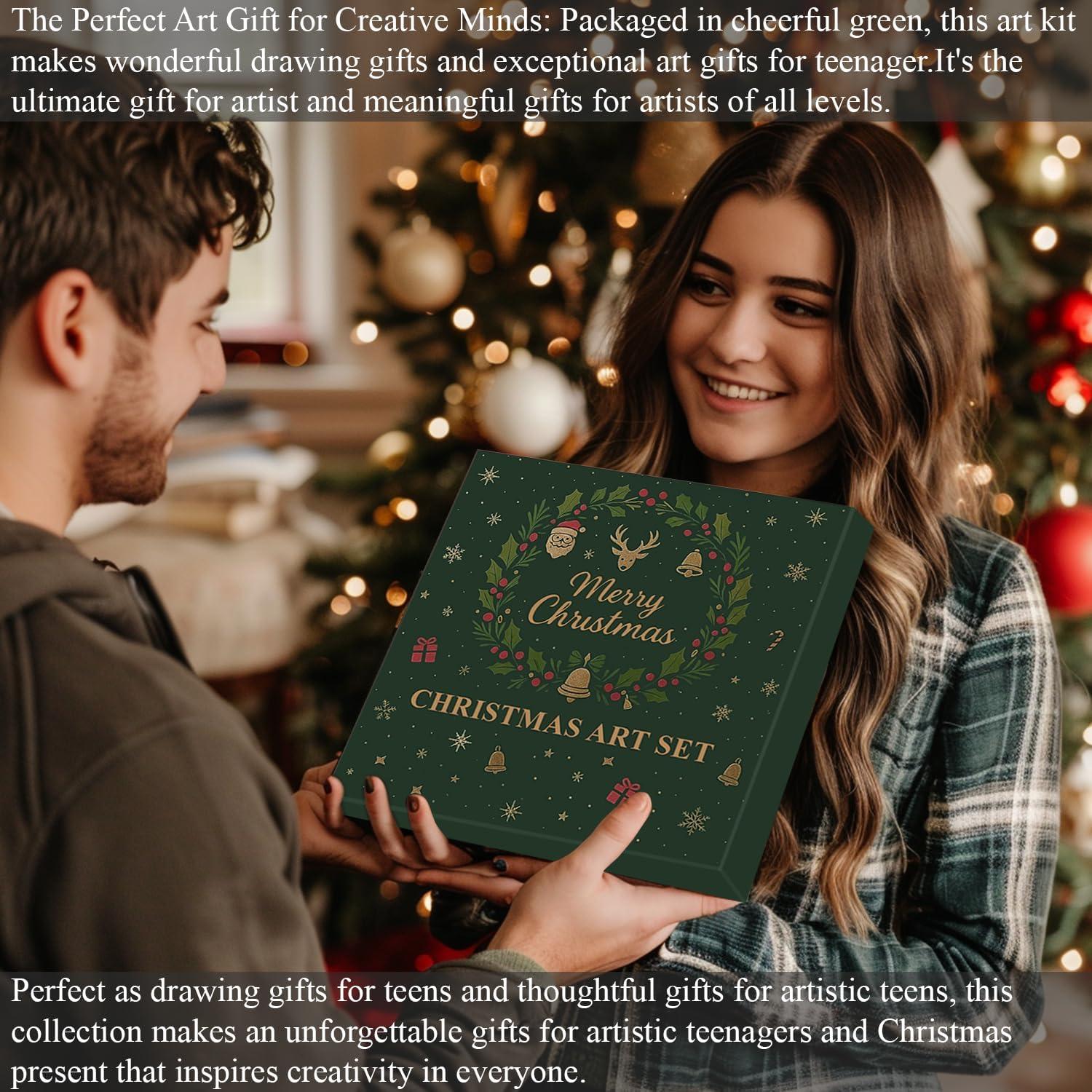 imageFuxi Art Supplies for Kids 912 Stocking Stuffers  Art Set with 60Sheet 73lb120gsm Sketch Book for Kids Ages 812 Jumbo Colored Pencils ampamp Crayons  Ideal Christmas Gifts for GrandkidsChristmas Green