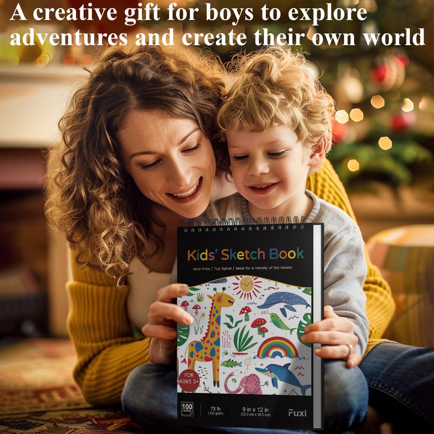 imageFuxi Art Supplies for Kids 912 Stocking Stuffers  Art Set with 60Sheet 73lb120gsm Sketch Book for Kids Ages 812 Jumbo Colored Pencils ampamp Crayons  Ideal Christmas Gifts for GrandkidsSatind Black