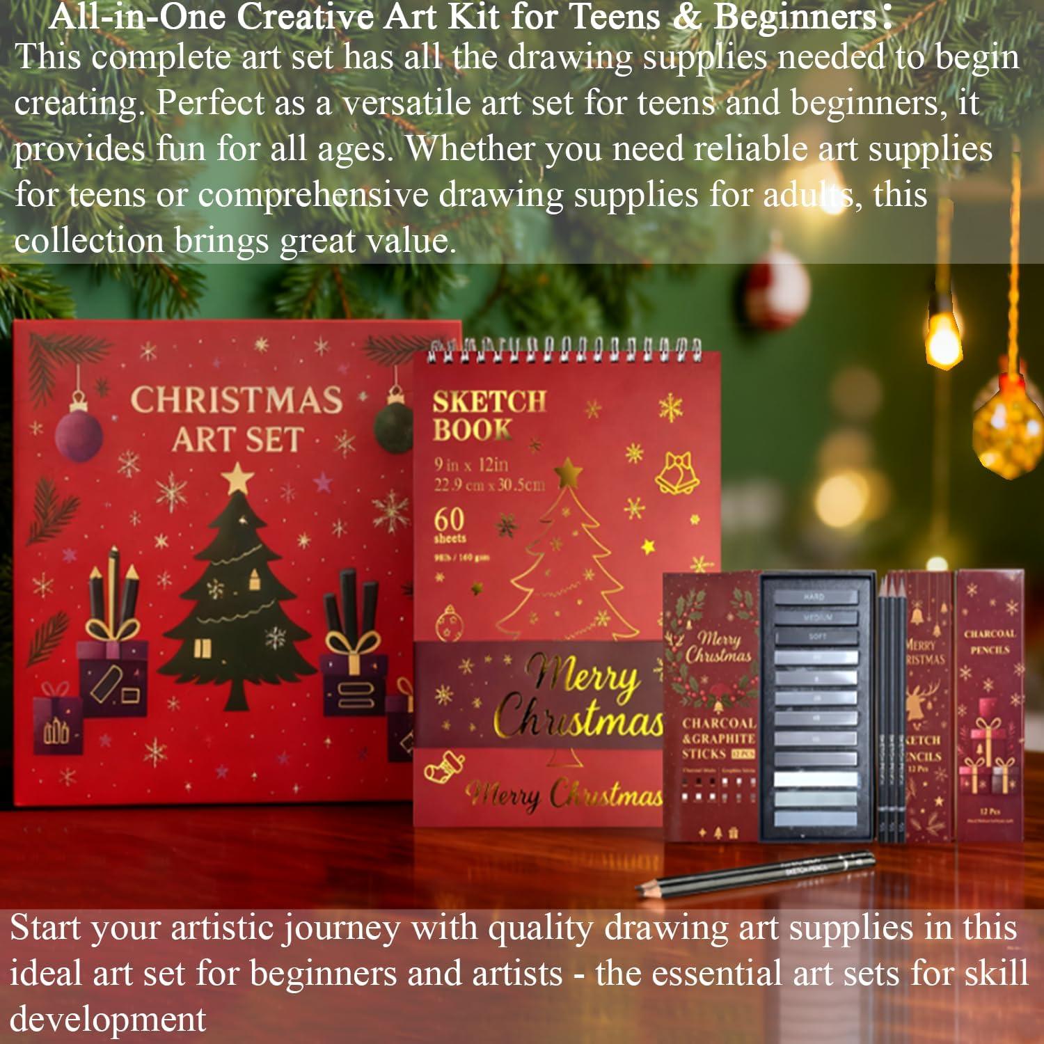 imageFuxi Art Supplies for Kids 912 Stocking Stuffers  Art Set with 60Sheet 73lb120gsm Sketch Book for Kids Ages 812 Jumbo Colored Pencils ampamp Crayons  Ideal Christmas Gifts for GrandkidsChristmas Red