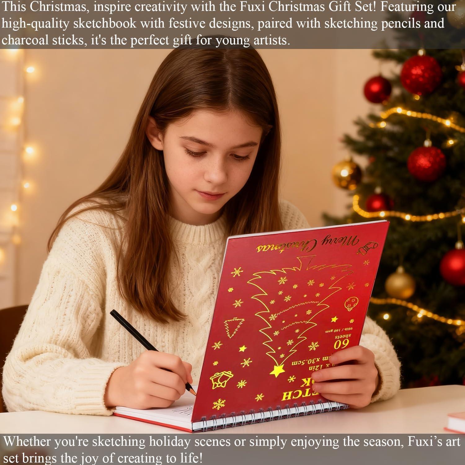 imageFuxi Art Supplies for Kids 912 Stocking Stuffers  Art Set with 60Sheet 73lb120gsm Sketch Book for Kids Ages 812 Jumbo Colored Pencils ampamp Crayons  Ideal Christmas Gifts for GrandkidsChristmas Red