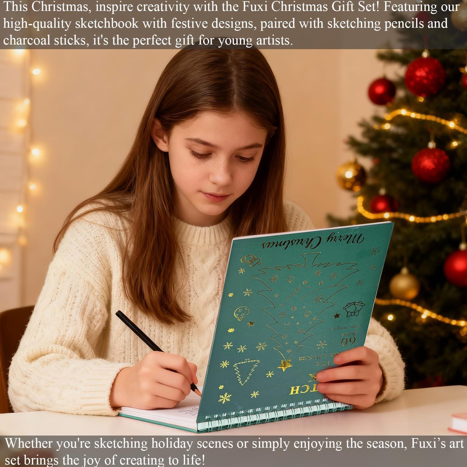imageFuxi Art Supplies for Kids 912 Stocking Stuffers  Art Set with 60Sheet 73lb120gsm Sketch Book for Kids Ages 812 Jumbo Colored Pencils ampamp Crayons  Ideal Christmas Gifts for GrandkidsChristmas Green