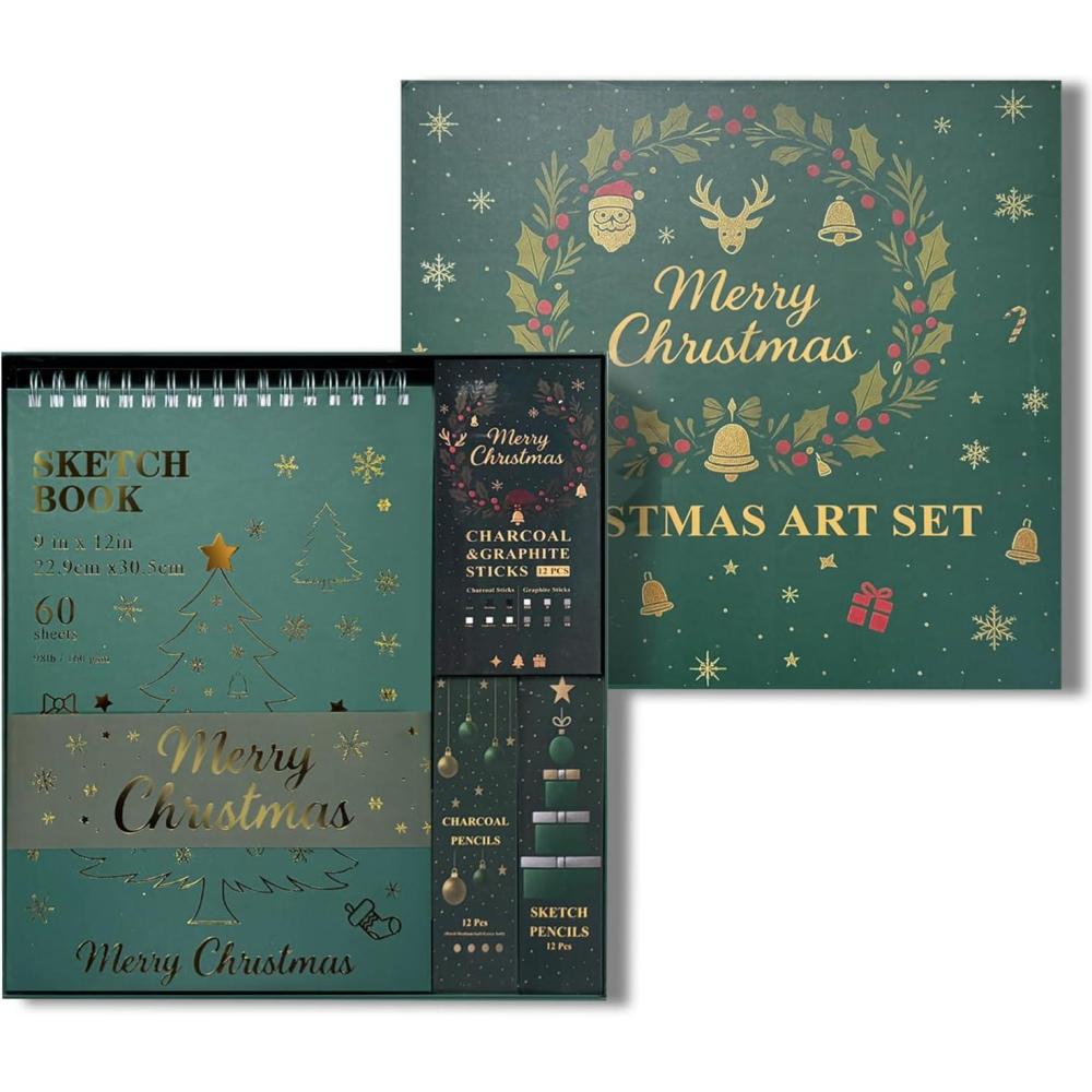 imageFuxi Art Supplies for Kids 912 Stocking Stuffers  Art Set with 60Sheet 73lb120gsm Sketch Book for Kids Ages 812 Jumbo Colored Pencils ampamp Crayons  Ideal Christmas Gifts for GrandkidsChristmas Green